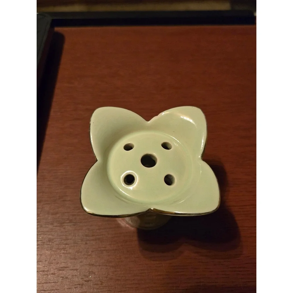 Vintage Celadon Green Ceramic Flower Frog Gold Trim Scalloped Floral Arranger
